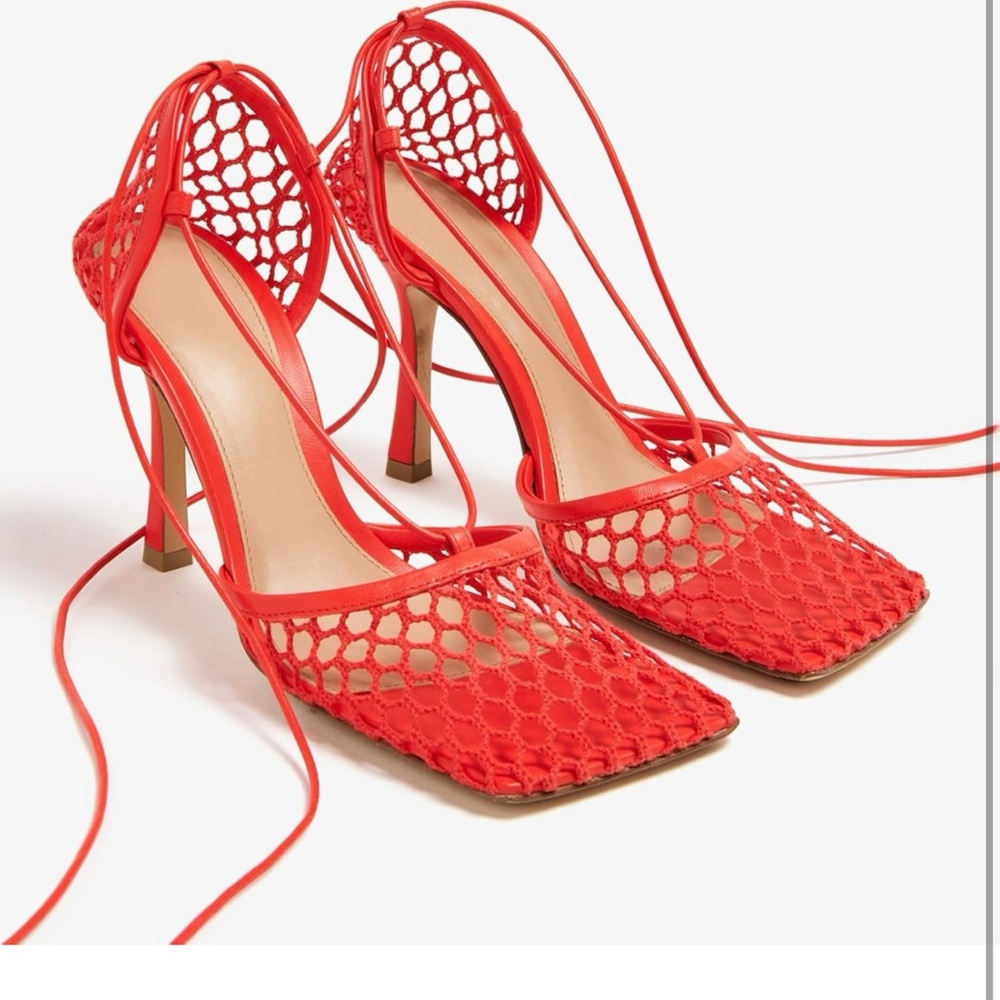 Lace-Up Fishnet Mid High Heel Sandals - Size 10